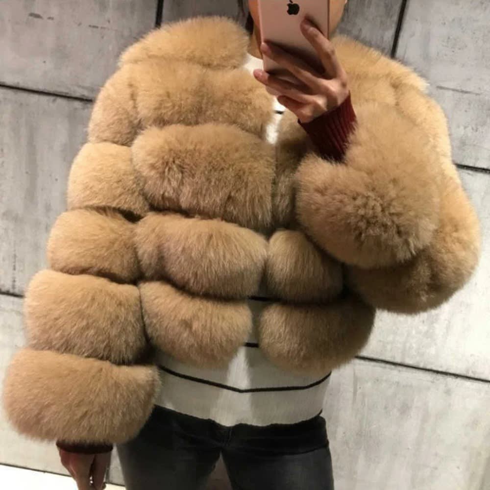 Elegant Faux Fox Fur Coat Women Autumn Winter Warm Long Sleeve Jacket